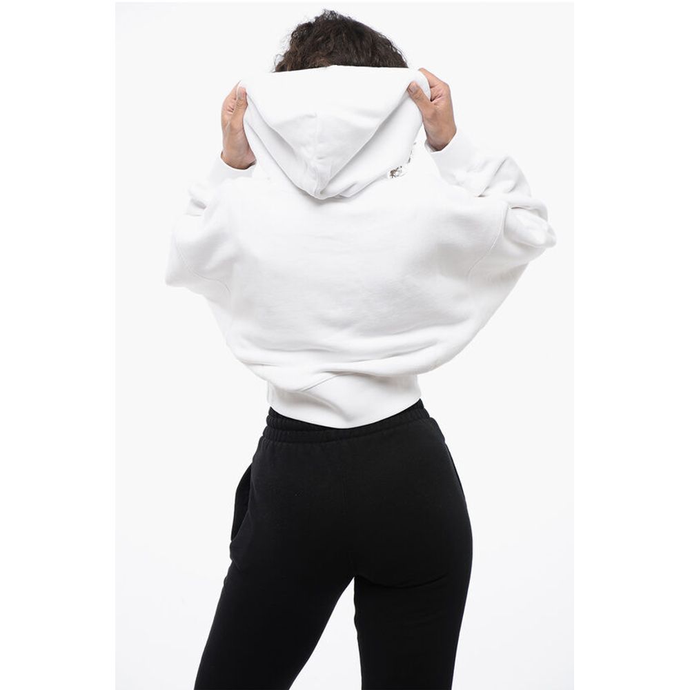 Off-White Brushed Cotton Cropped Hoodie with Rhinestone Embellished Lo