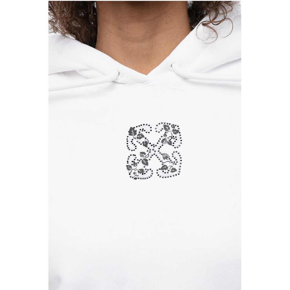 Off-White Brushed Cotton Cropped Hoodie with Rhinestone Embellished Lo