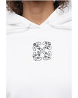 Off-White Brushed Cotton Cropped Hoodie with Rhinestone Embellished Lo