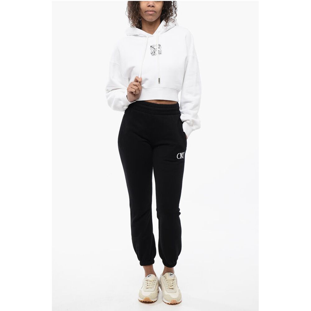 Off-White Brushed Cotton Cropped Hoodie with Rhinestone Embellished Lo