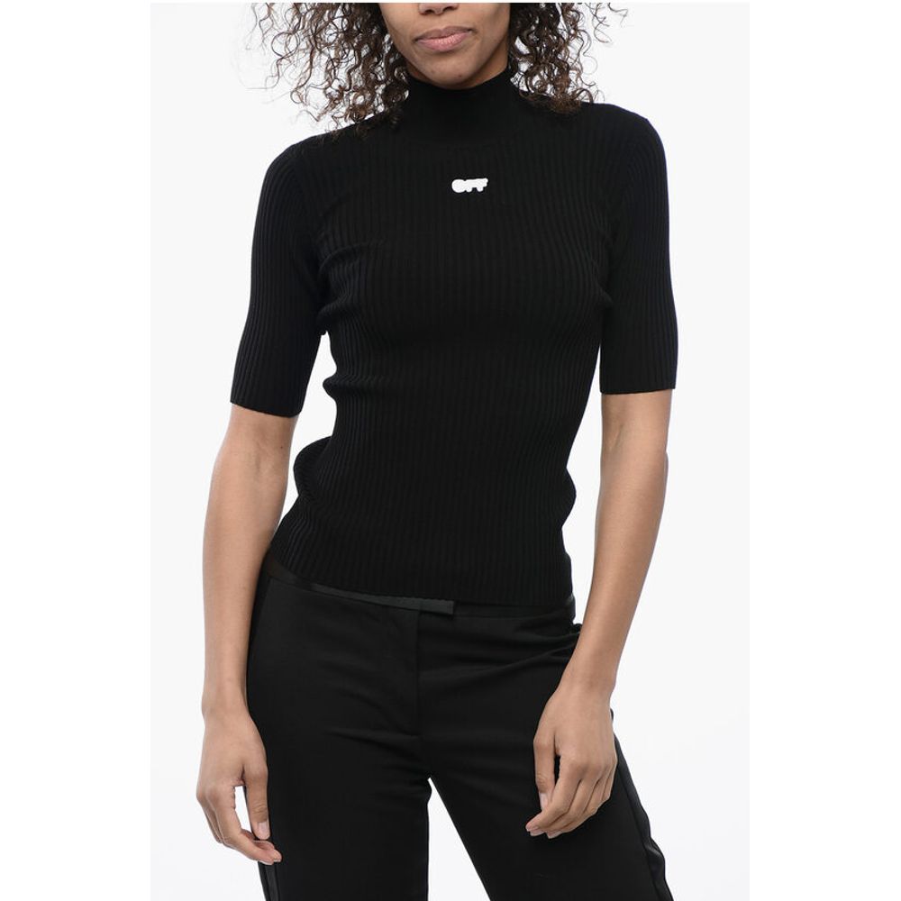 Off-White Ribbed Knit Top with Logoed Patch