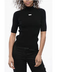 Off-White Ribbed Knit Top with Logoed Patch