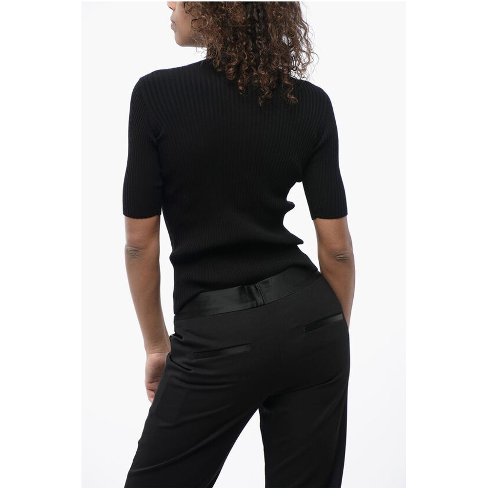 Off-White Ribbed Knit Top with Logoed Patch