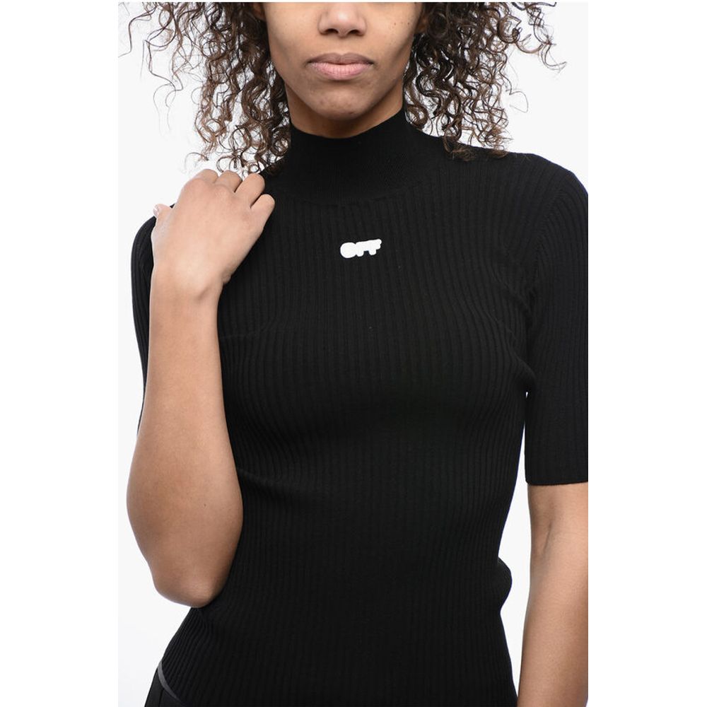 Off-White Ribbed Knit Top with Logoed Patch