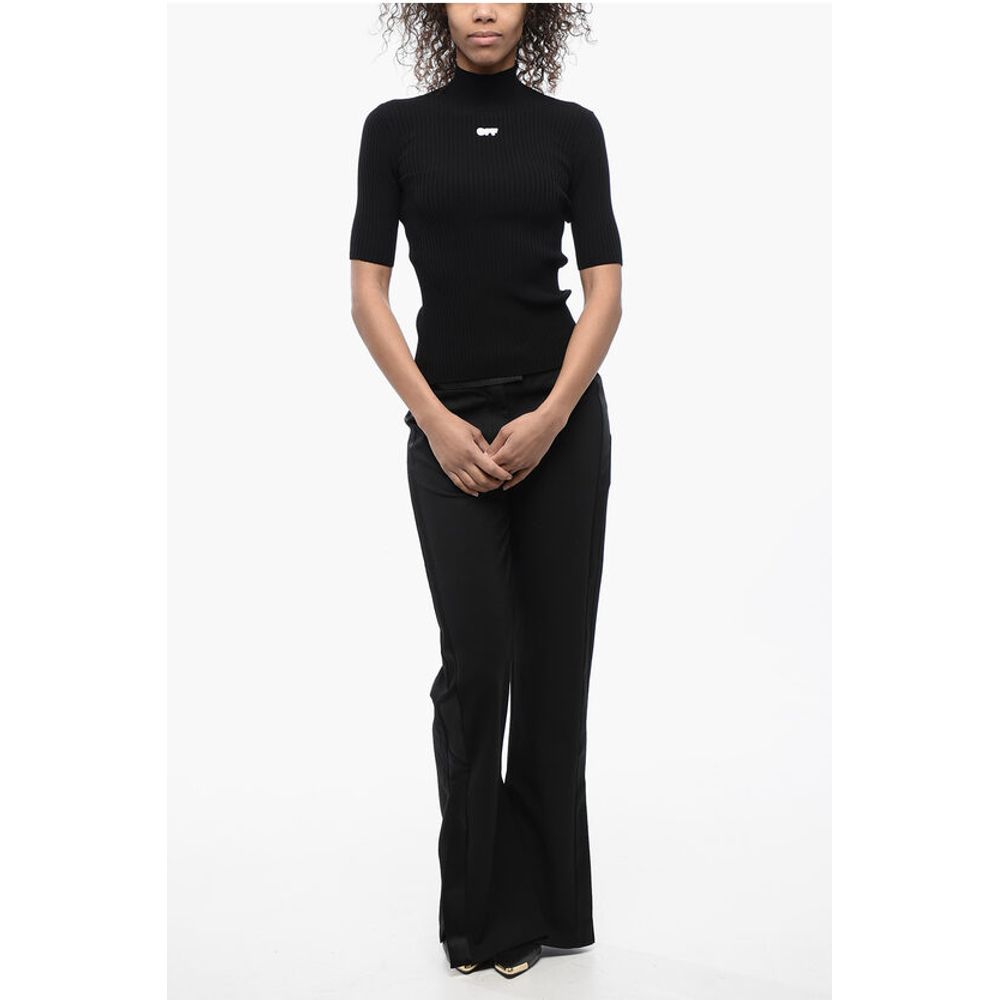 Off-White Ribbed Knit Top with Logoed Patch