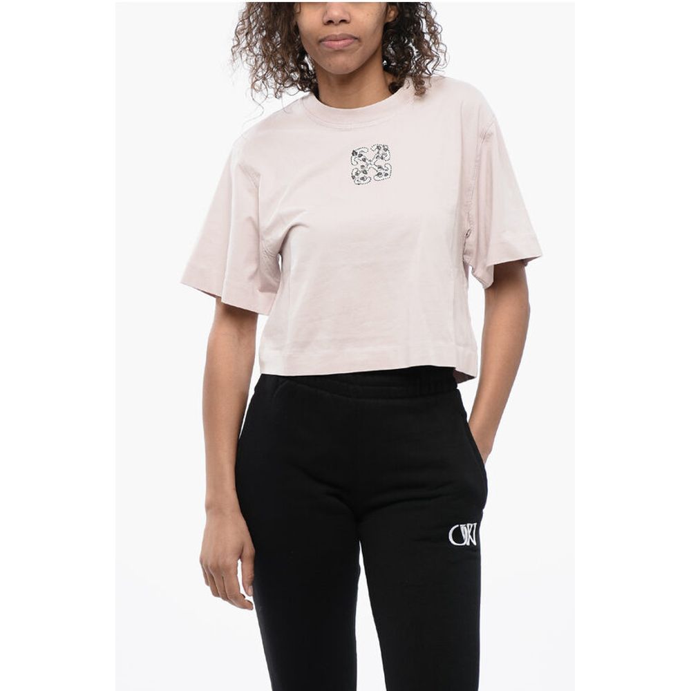 Off-White Crew-neck Crop T-Shirt with Rhinestones Embellished Logo