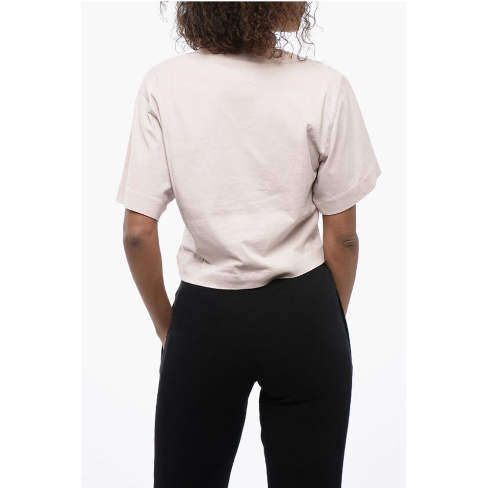 Off-White Crew-neck Crop T-Shirt with Rhinestones Embellished Logo