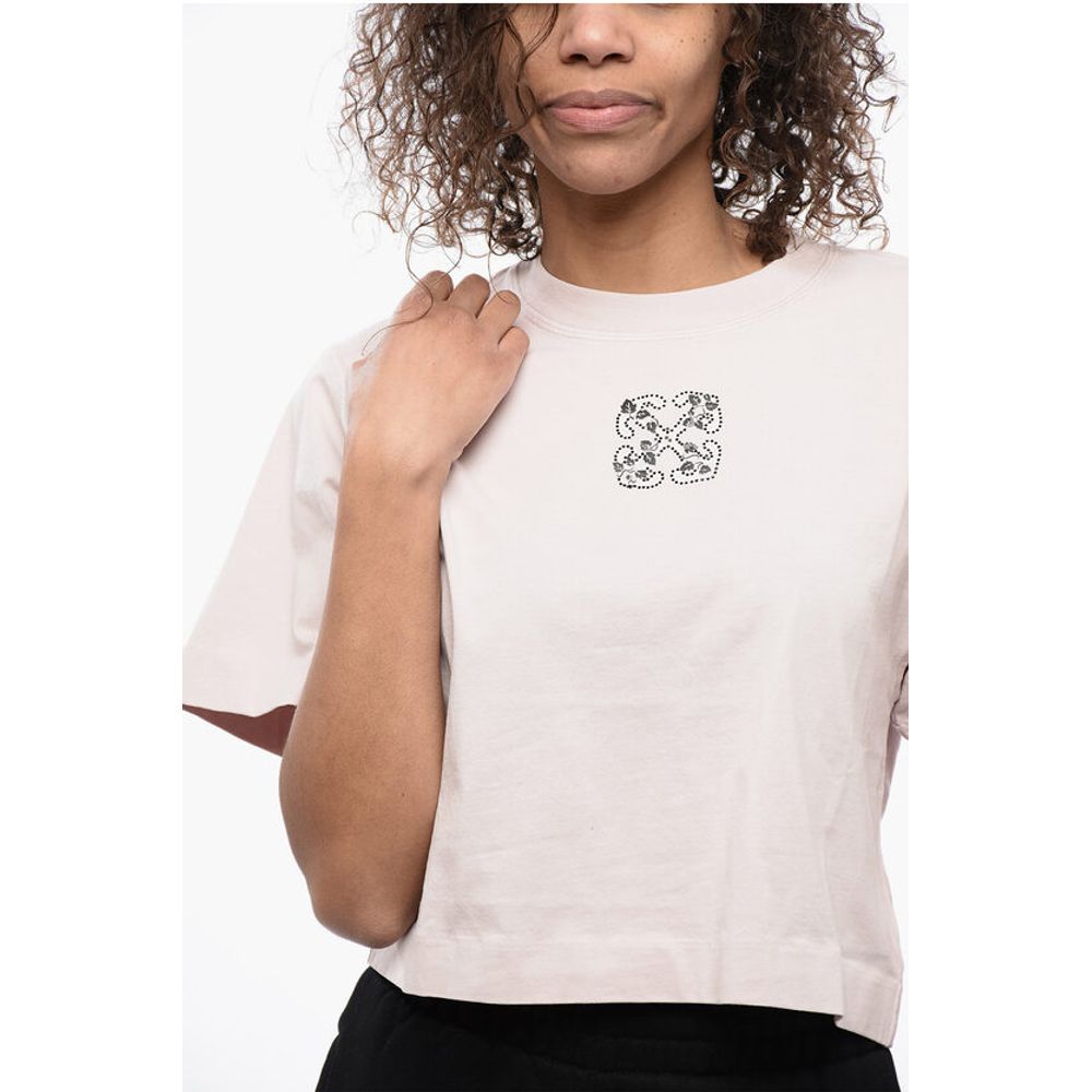 Off-White Crew-neck Crop T-Shirt with Rhinestones Embellished Logo