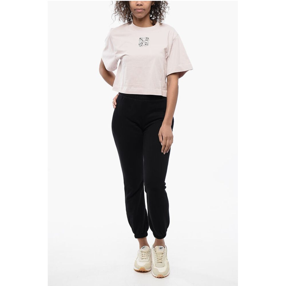Off-White Crew-neck Crop T-Shirt with Rhinestones Embellished Logo