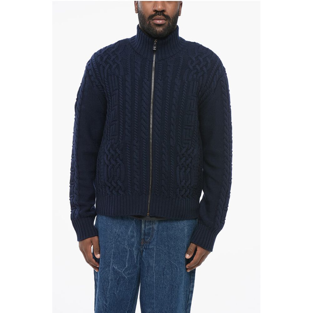 Versace Virgin Wool Zip-up Pullover with Cable Knit Design