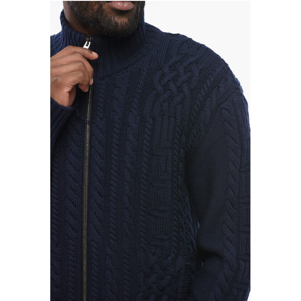 Versace Virgin Wool Zip-up Pullover with Cable Knit Design