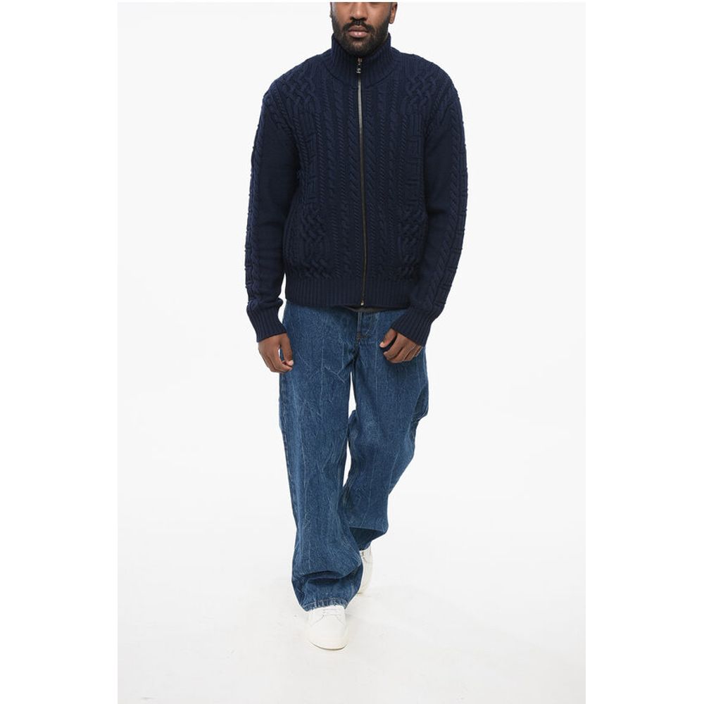 Versace Virgin Wool Zip-up Pullover with Cable Knit Design