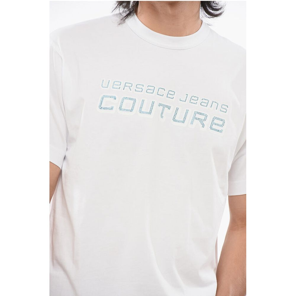 Versace JEANS COUTURE Crew Neck Cotton T-Shir with Rhinestoned Logo
