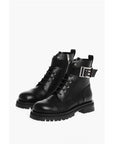 Balmain Leather Combat Booties with Ankle Strap and Logoed Buckle