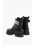 Balmain Leather Combat Booties with Ankle Strap and Logoed Buckle