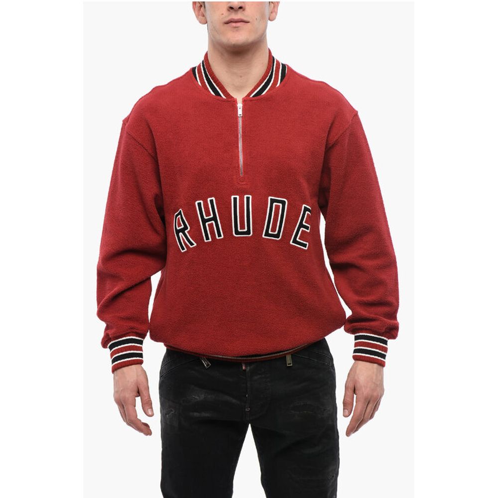 Rhude Terry-Cotton Varsity Sweatshirt with Half Zip