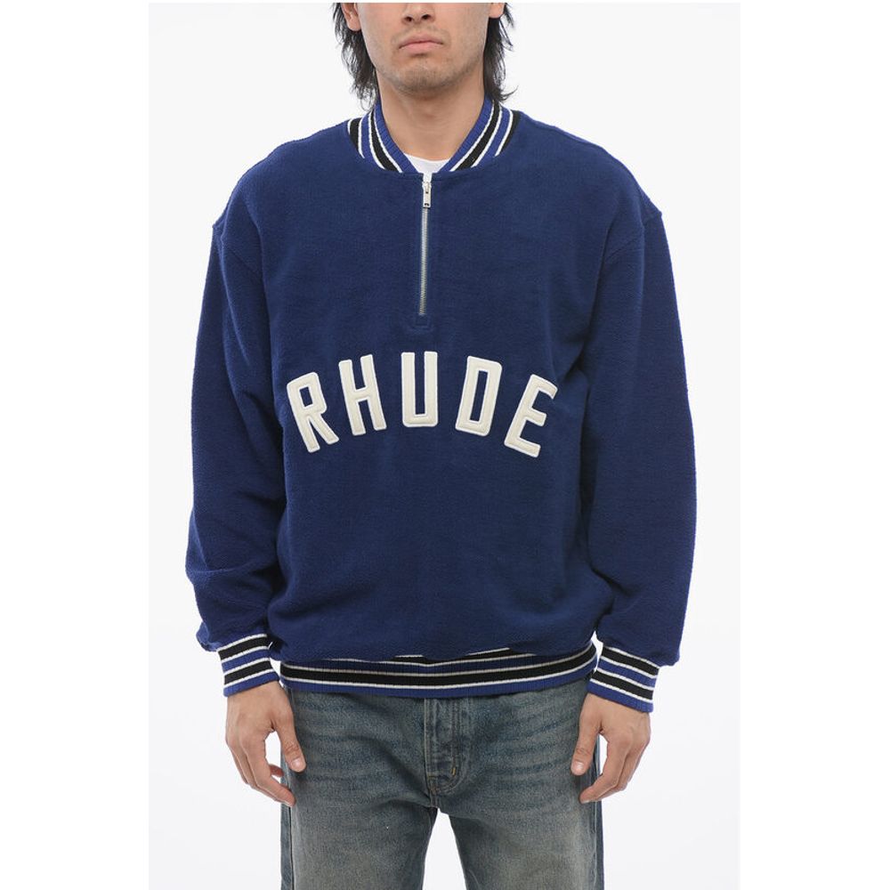 Rhude Terry-Cotton Varsity Sweatshirt with Half Zip
