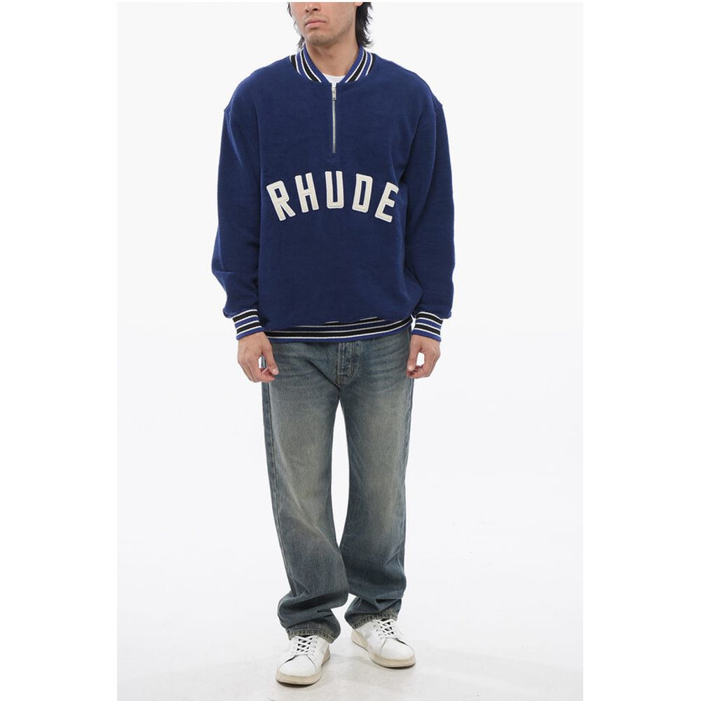 Rhude Terry-Cotton Varsity Sweatshirt with Half Zip