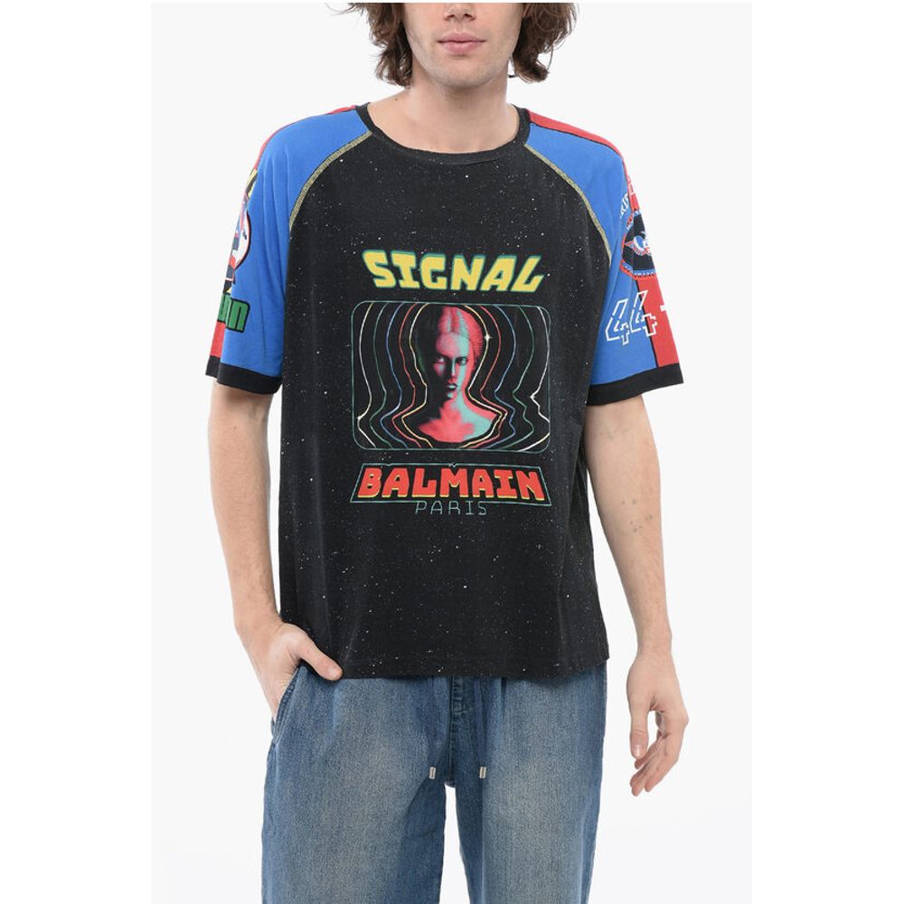 Balmain Crew Neck SIGNAL Cotton T-Shirt with Print