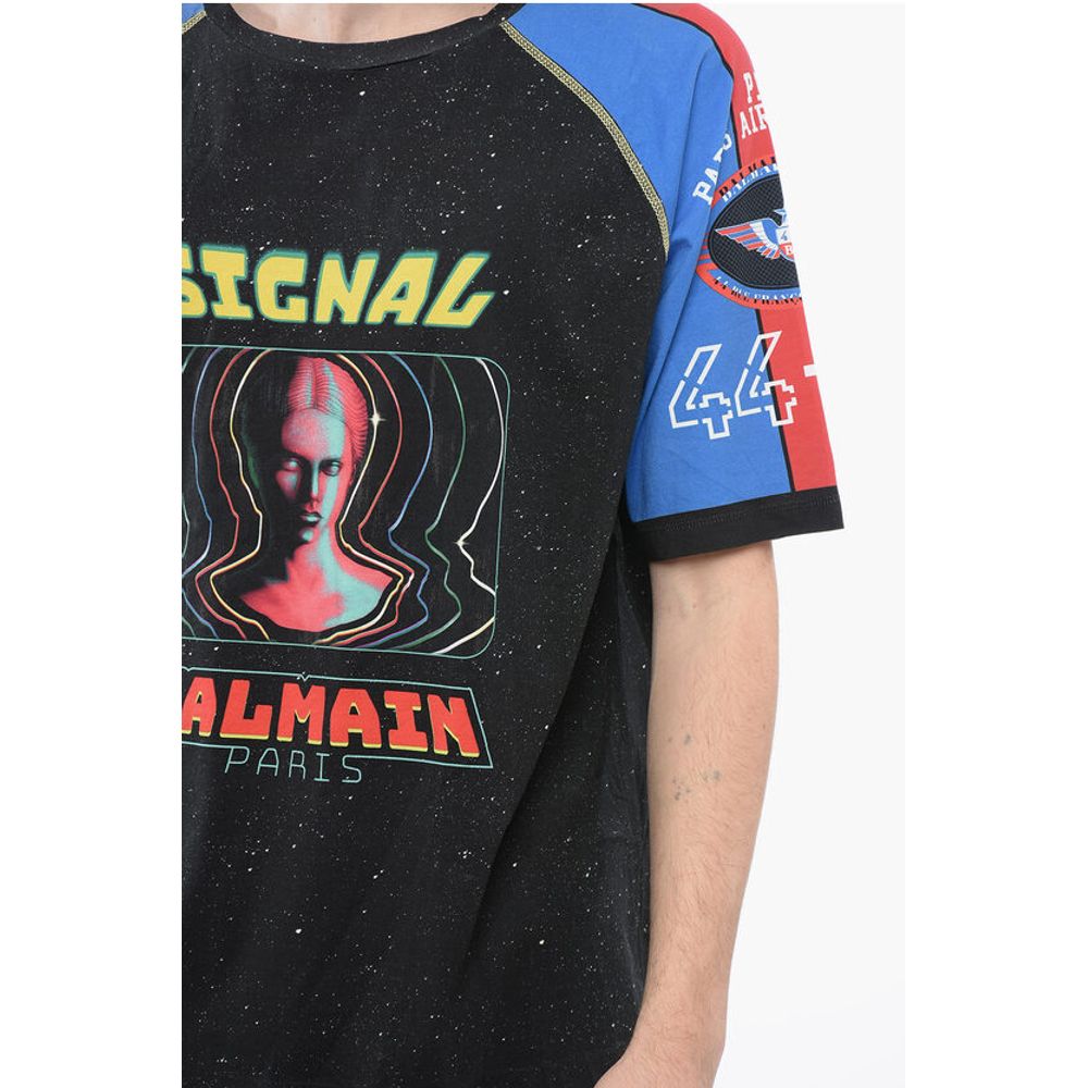 Balmain Crew Neck SIGNAL Cotton T-Shirt with Print