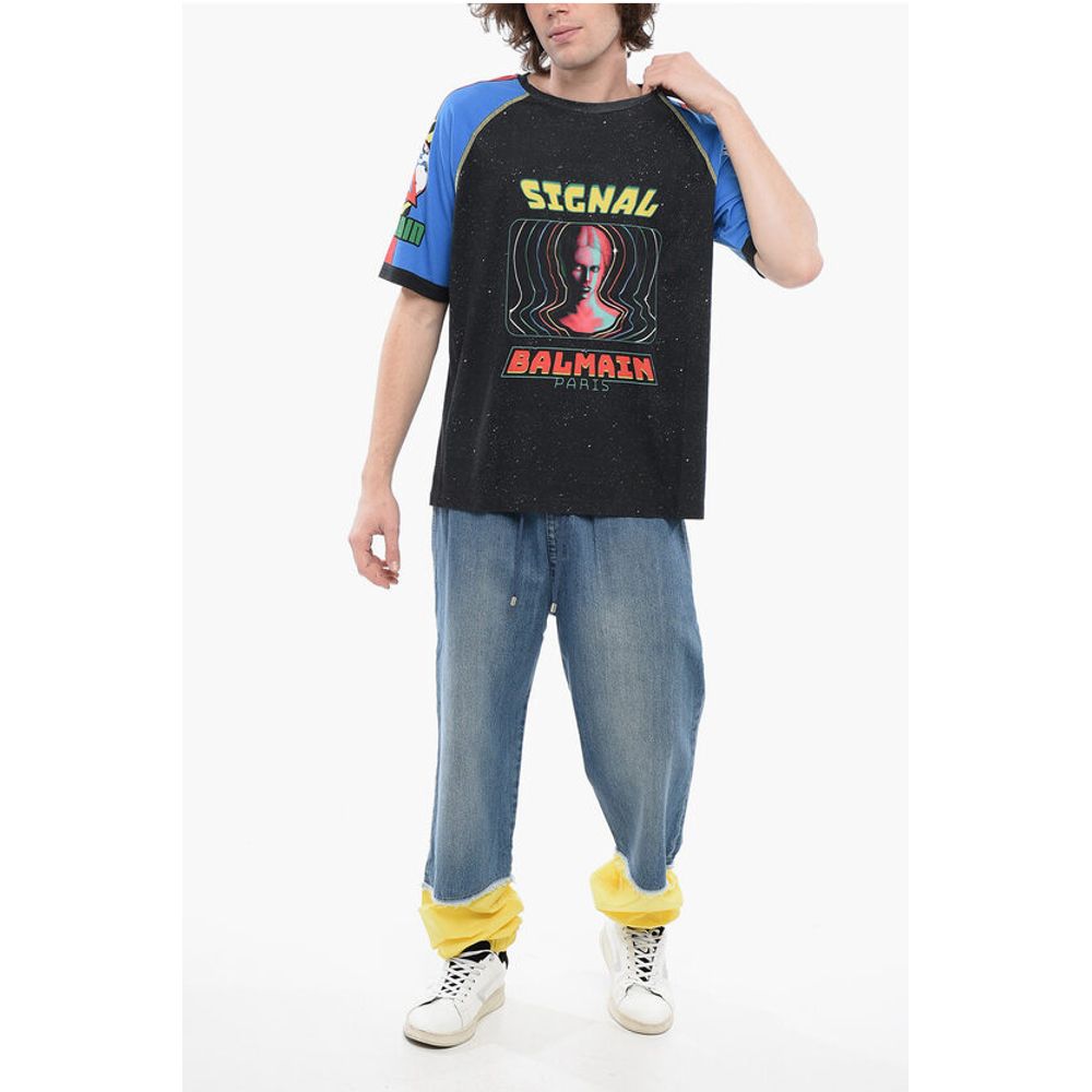 Balmain Crew Neck SIGNAL Cotton T-Shirt with Print