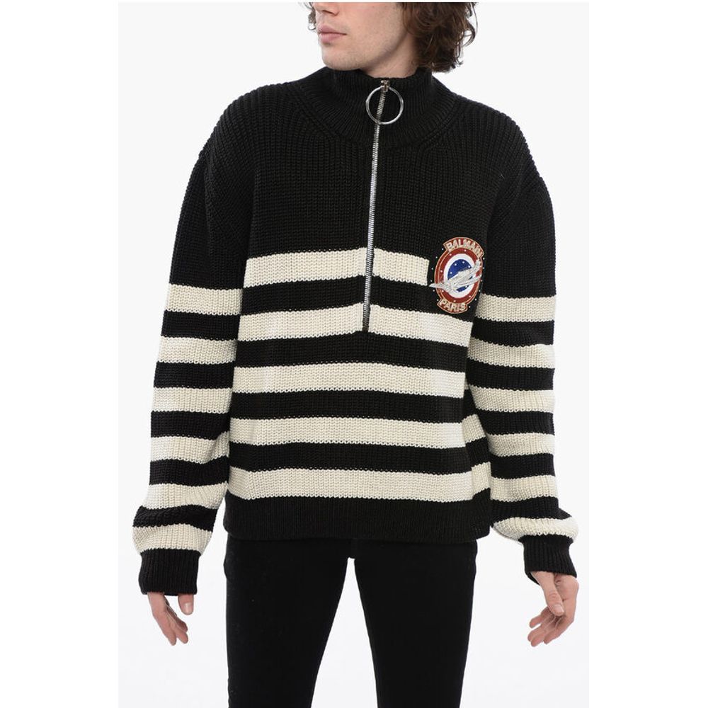 Balmain Awning Striped Mock Neck Sweater with Emblem Patch