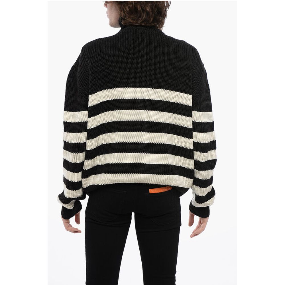 Balmain Awning Striped Mock Neck Sweater with Emblem Patch