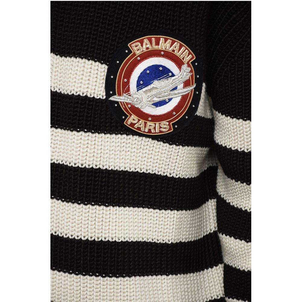 Balmain Awning Striped Mock Neck Sweater with Emblem Patch