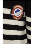 Balmain Awning Striped Mock Neck Sweater with Emblem Patch
