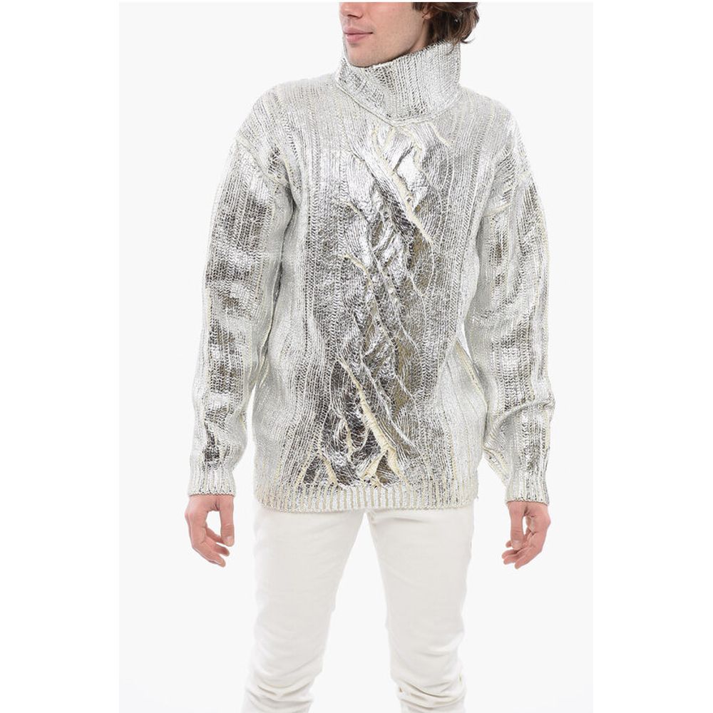 Balmain Lamè Coated Wool Blend Pullover with Turtleneck