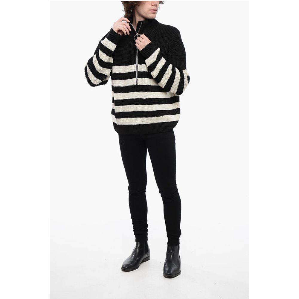 Balmain Awning Striped Mock Neck Sweater with Emblem Patch