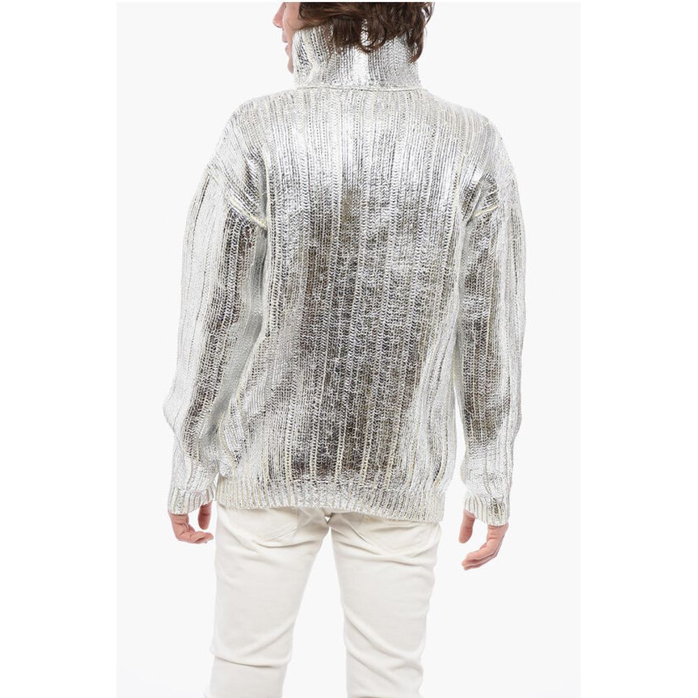 Balmain Lamè Coated Wool Blend Pullover with Turtleneck