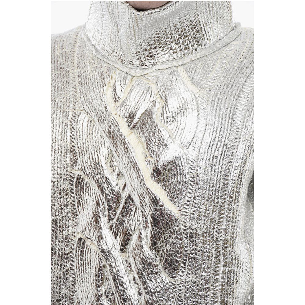 Balmain Lamè Coated Wool Blend Pullover with Turtleneck