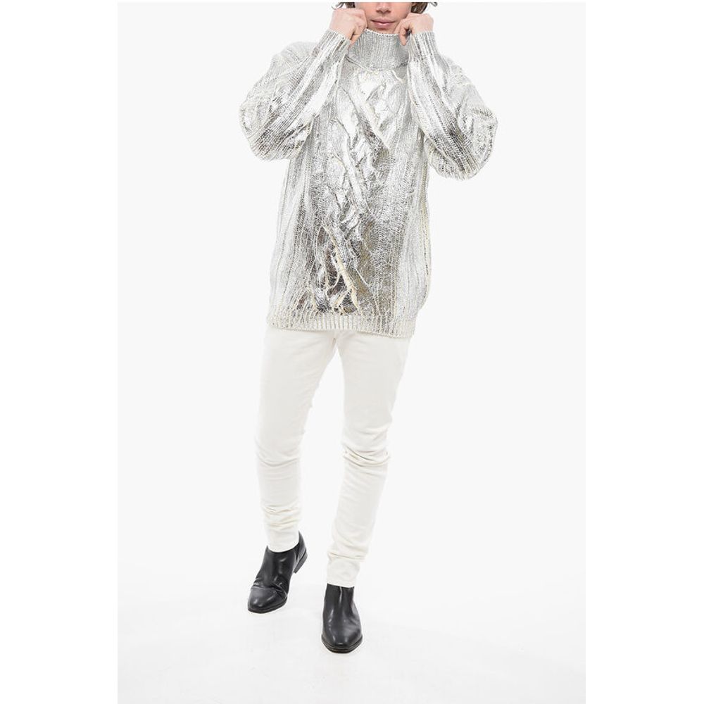Balmain Lamè Coated Wool Blend Pullover with Turtleneck