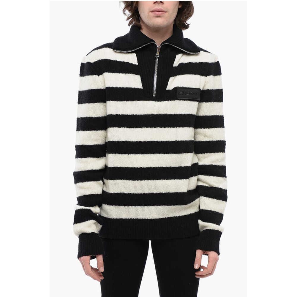 Balmain Mock Neck Awning Striped Sweater with Half Zip