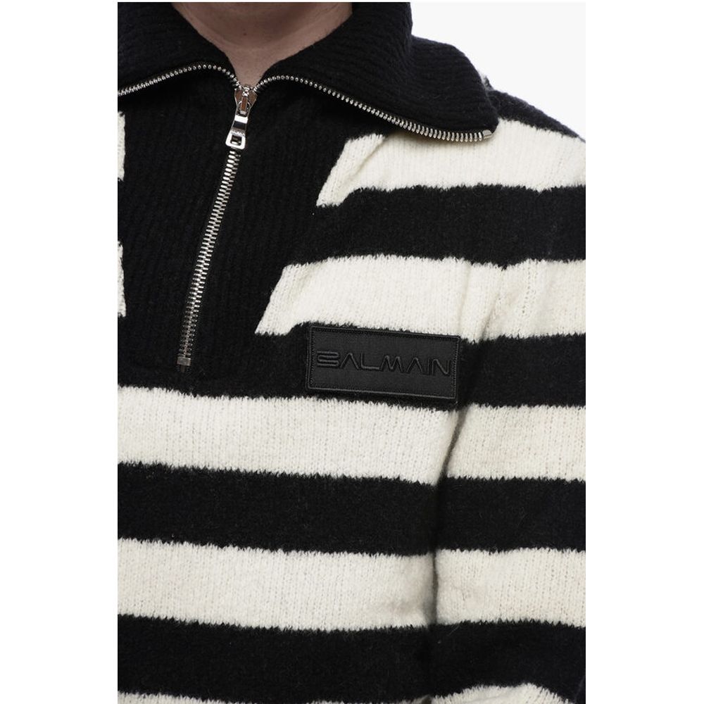 Balmain Mock Neck Awning Striped Sweater with Half Zip