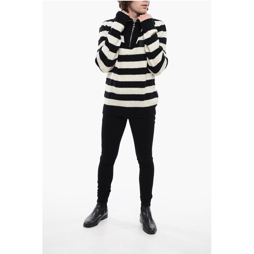Balmain Mock Neck Awning Striped Sweater with Half Zip