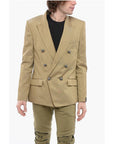 Balmain Double-breasted Cotton Blend Unlined Blazer with Logoed Butt