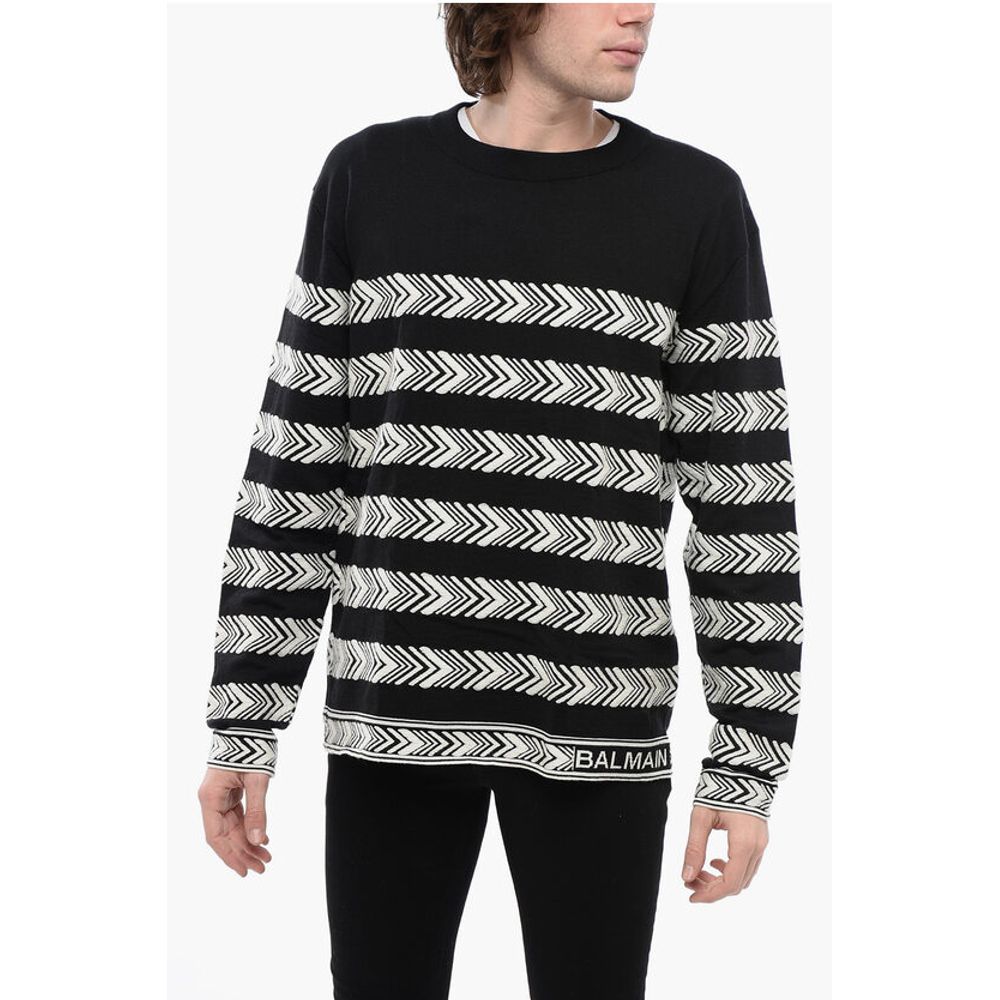 Balmain Crew Neck Chevron Virgin Wool Sweater