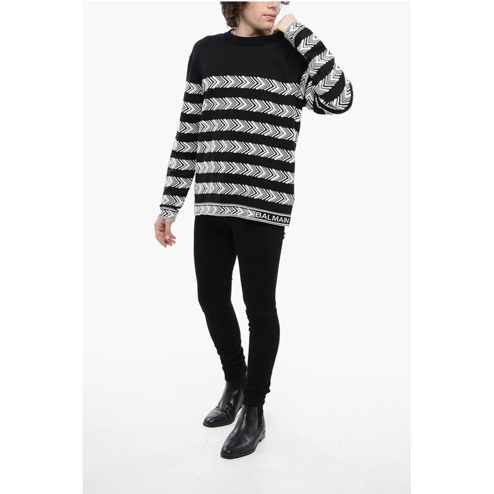 Balmain Crew Neck Chevron Virgin Wool Sweater