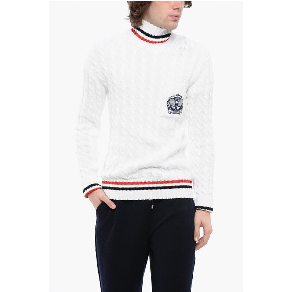 Balmain Turtleneck Cable Knit Cotton Sweater with Embroidered Emblem