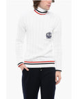 Balmain Turtleneck Cable Knit Cotton Sweater with Embroidered Emblem