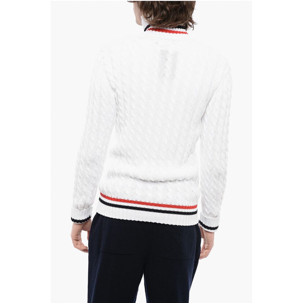 Balmain Turtleneck Cable Knit Cotton Sweater with Embroidered Emblem
