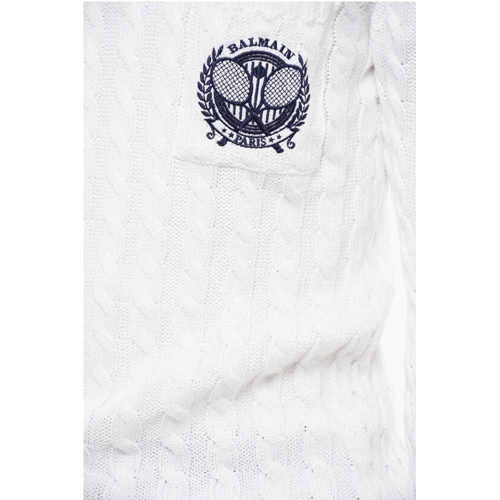 Balmain Turtleneck Cable Knit Cotton Sweater with Embroidered Emblem