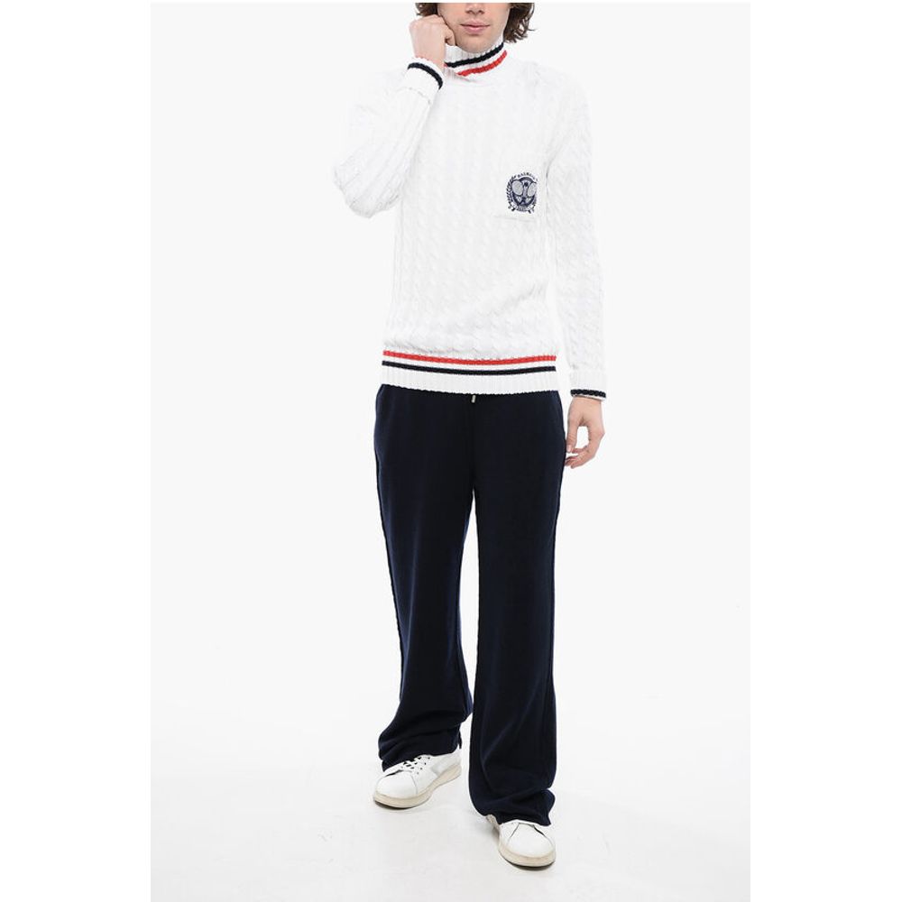 Balmain Turtleneck Cable Knit Cotton Sweater with Embroidered Emblem