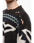 Distressed Jacquard Cashmere Blend Pullover with Crew Neck