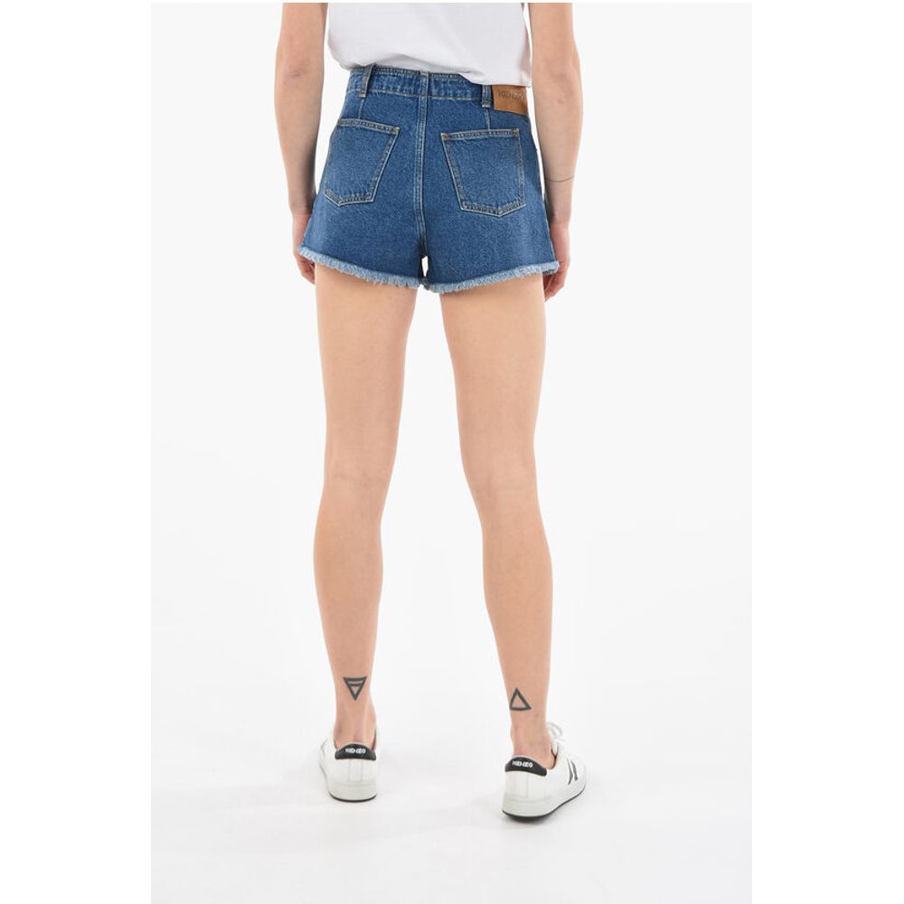 Kenzo Dark-washed Denim Shorts with Fringed Hems and Lettering Log