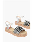 Moschino LOVE Laminated Leather Ankle Strap Sandals with Rhinestoned