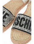 Moschino LOVE Laminated Leather Ankle Strap Sandals with Rhinestoned