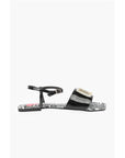 Moschino LOVE Patent Leather Flat Sandals with Logoed Jewel Detail